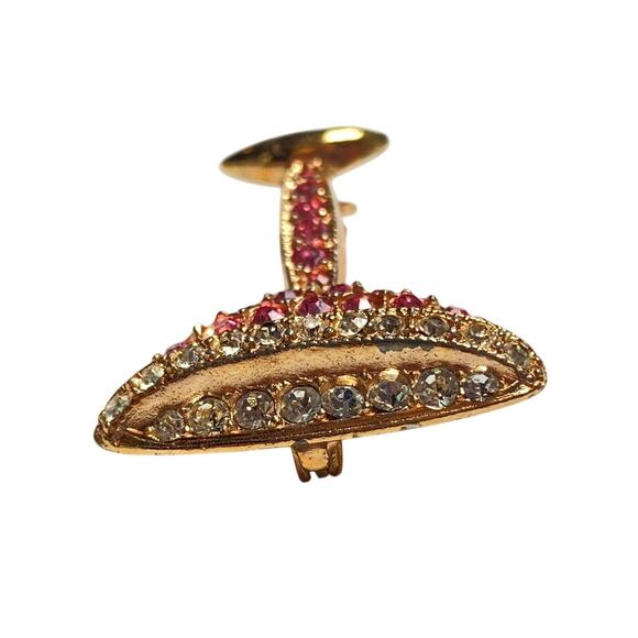 Pink Rhinestone Champagne Glass Brooch Gold Tone Cocktail Drink Pin Sparkly - Picture 6 of 10